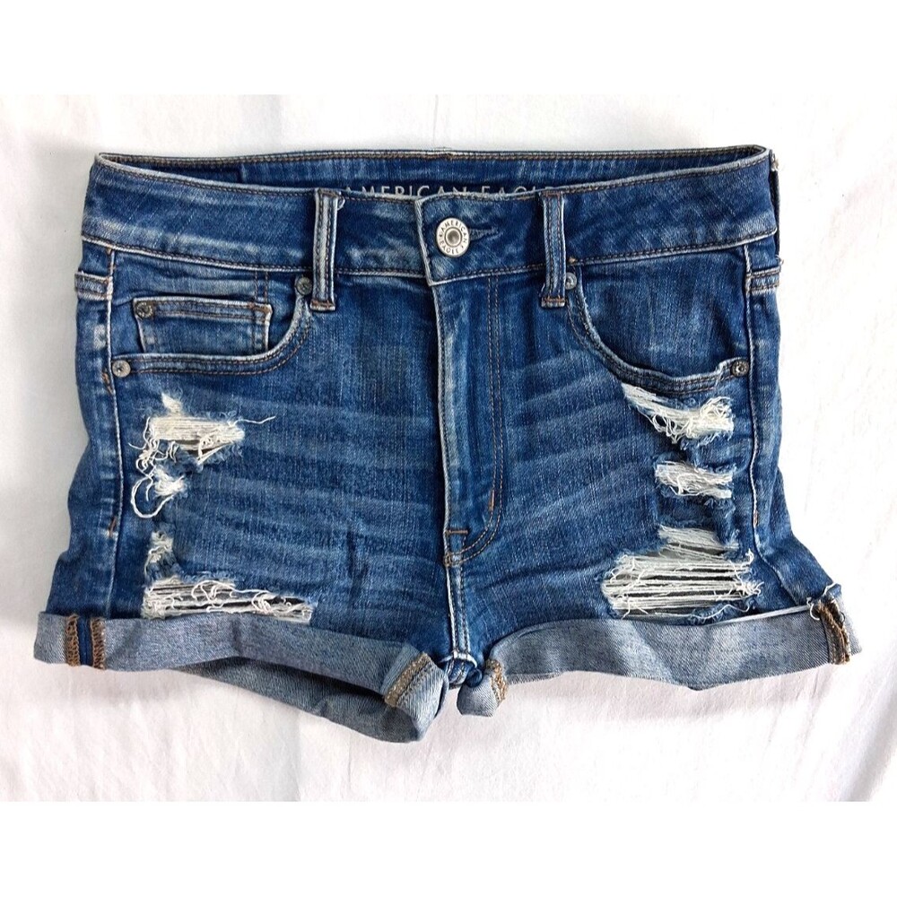 American Eagle Hi-Rise Shortie Women 6 Blue Denim Shorts Pockets Summer Beach